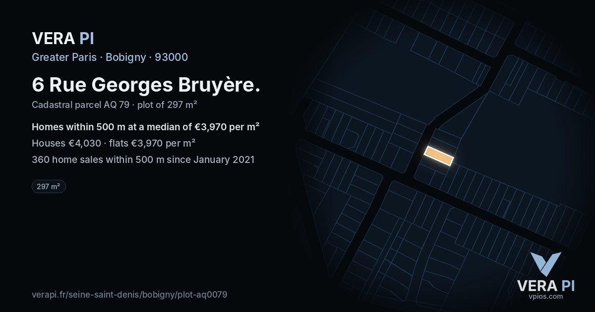 6 Rue Georges Bruyère, Bobigny at night – the plot lit, the parcels around coloured by the prices near them