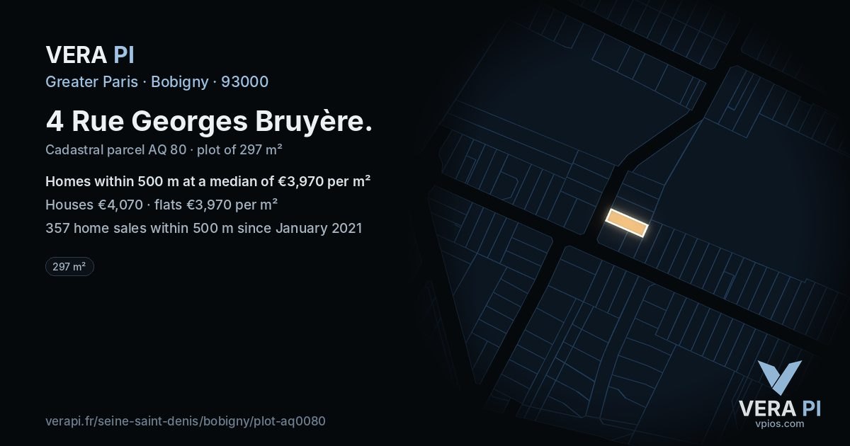 4 Rue Georges Bruyère, Bobigny at night – the plot lit, the parcels around coloured by the prices near them
