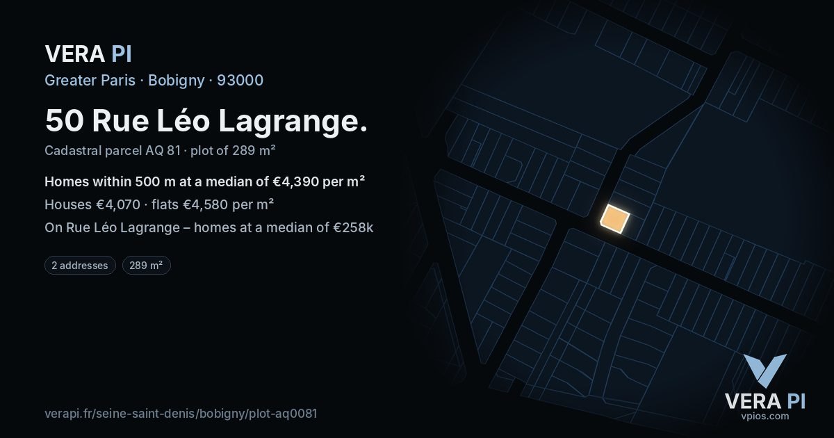 50 Rue Léo Lagrange, Bobigny at night – the plot lit, the parcels around coloured by the prices near them