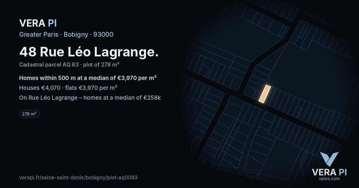 48 Rue Léo Lagrange, Bobigny at night – the plot lit, the parcels around coloured by the prices near them