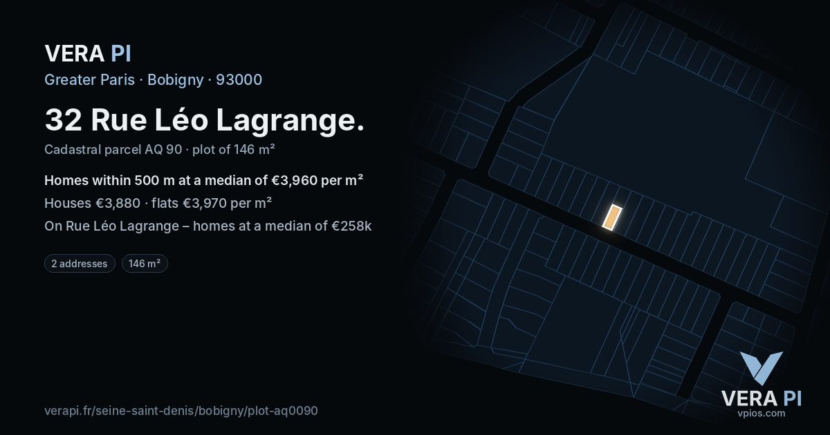 32 Rue Léo Lagrange, Bobigny at night – the plot lit, the parcels around coloured by the prices near them