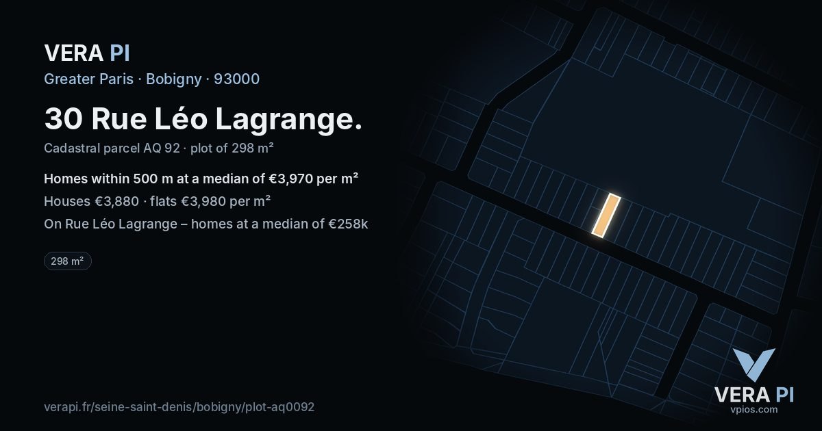 30 Rue Léo Lagrange, Bobigny at night – the plot lit, the parcels around coloured by the prices near them