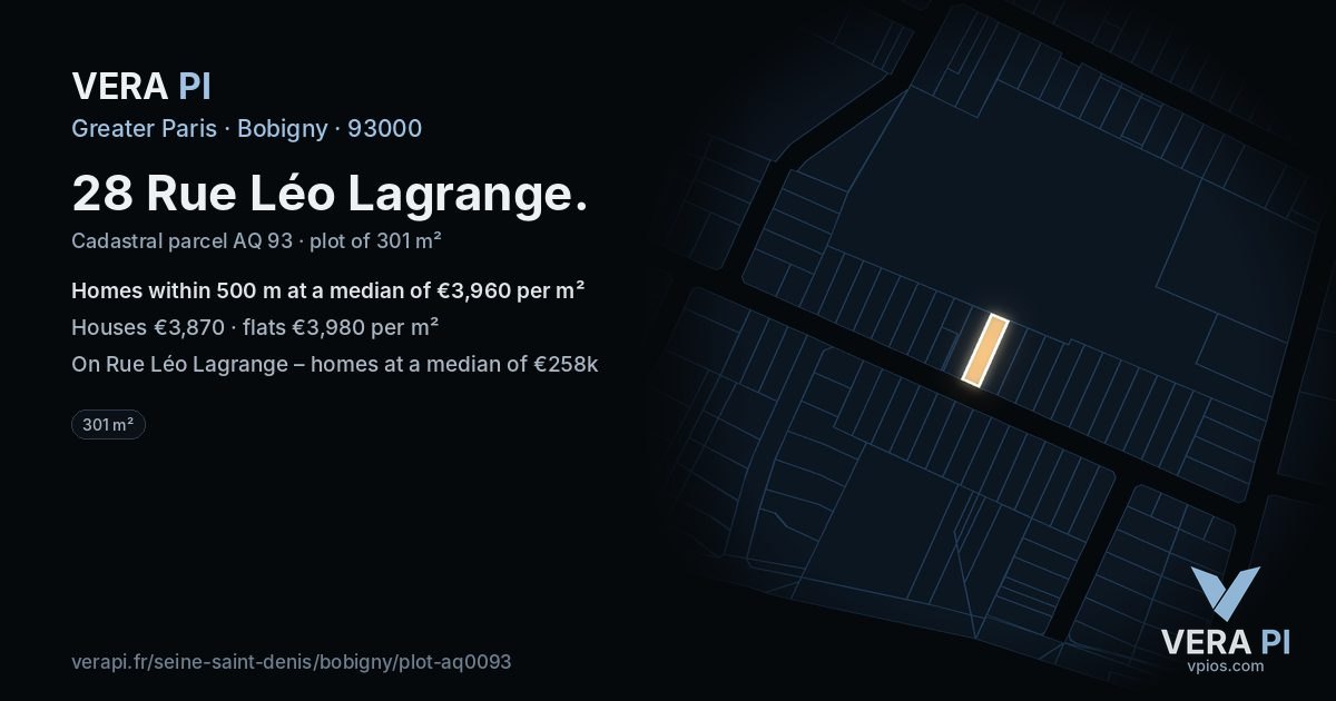 28 Rue Léo Lagrange, Bobigny at night – the plot lit, the parcels around coloured by the prices near them