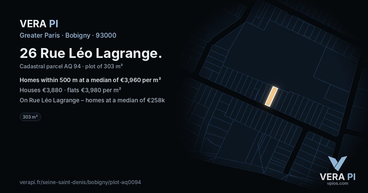 26 Rue Léo Lagrange, Bobigny at night – the plot lit, the parcels around coloured by the prices near them