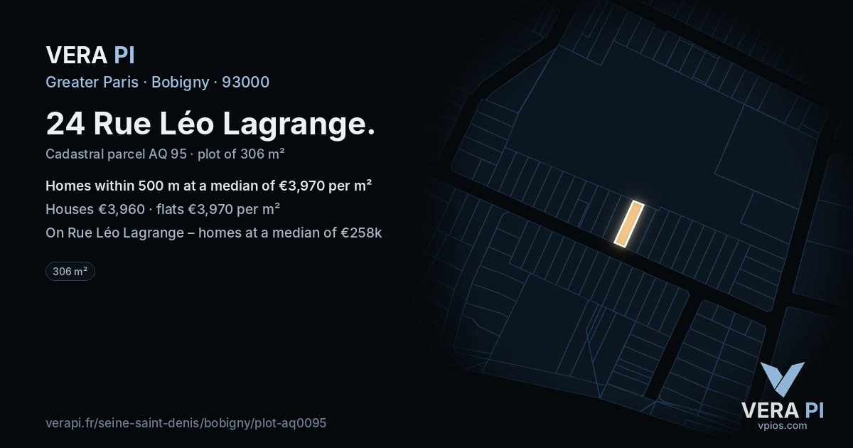 24 Rue Léo Lagrange, Bobigny at night – the plot lit, the parcels around coloured by the prices near them