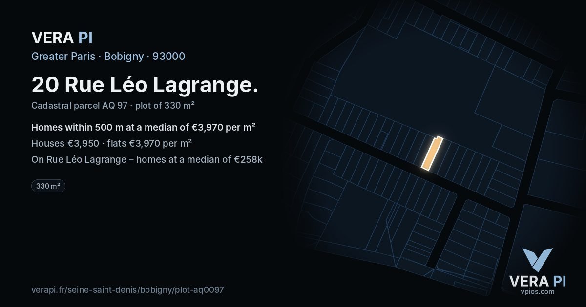 20 Rue Léo Lagrange, Bobigny at night – the plot lit, the parcels around coloured by the prices near them
