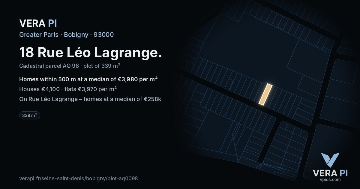18 Rue Léo Lagrange, Bobigny at night – the plot lit, the parcels around coloured by the prices near them