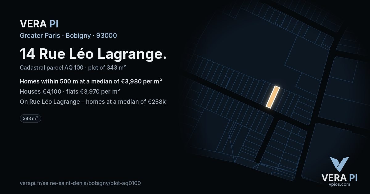 14 Rue Léo Lagrange, Bobigny at night – the plot lit, the parcels around coloured by the prices near them