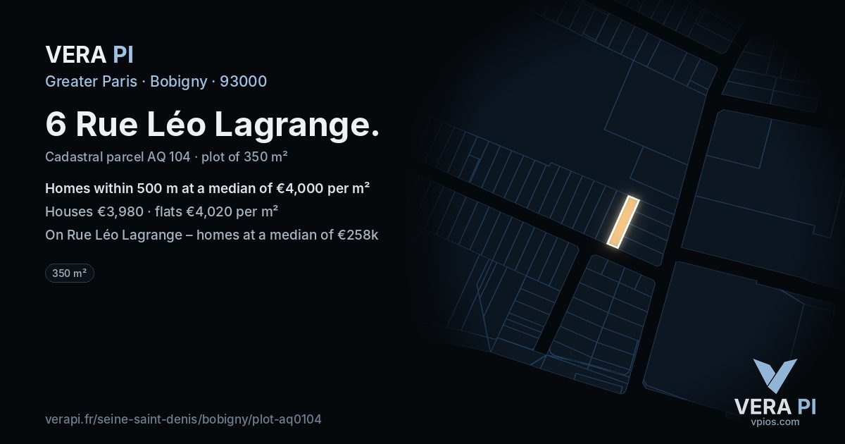 6 Rue Léo Lagrange, Bobigny at night – the plot lit, the parcels around coloured by the prices near them