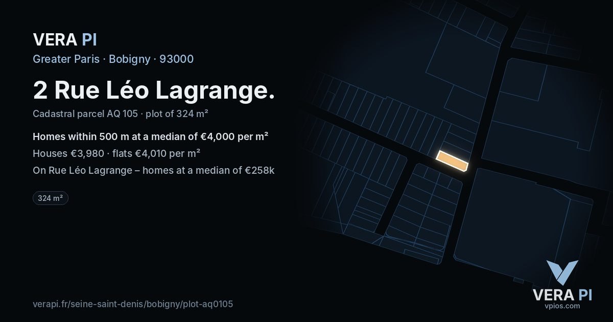 2 Rue Léo Lagrange, Bobigny at night – the plot lit, the parcels around coloured by the prices near them