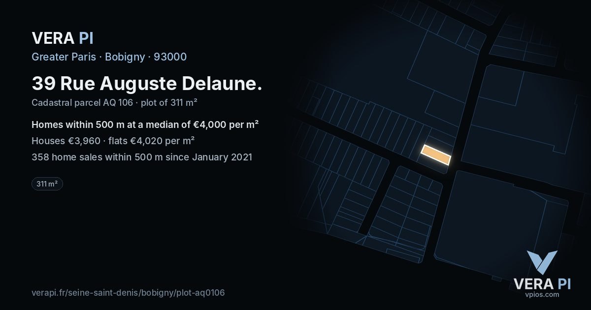 39 Rue Auguste Delaune, Bobigny at night – the plot lit, the parcels around coloured by the prices near them