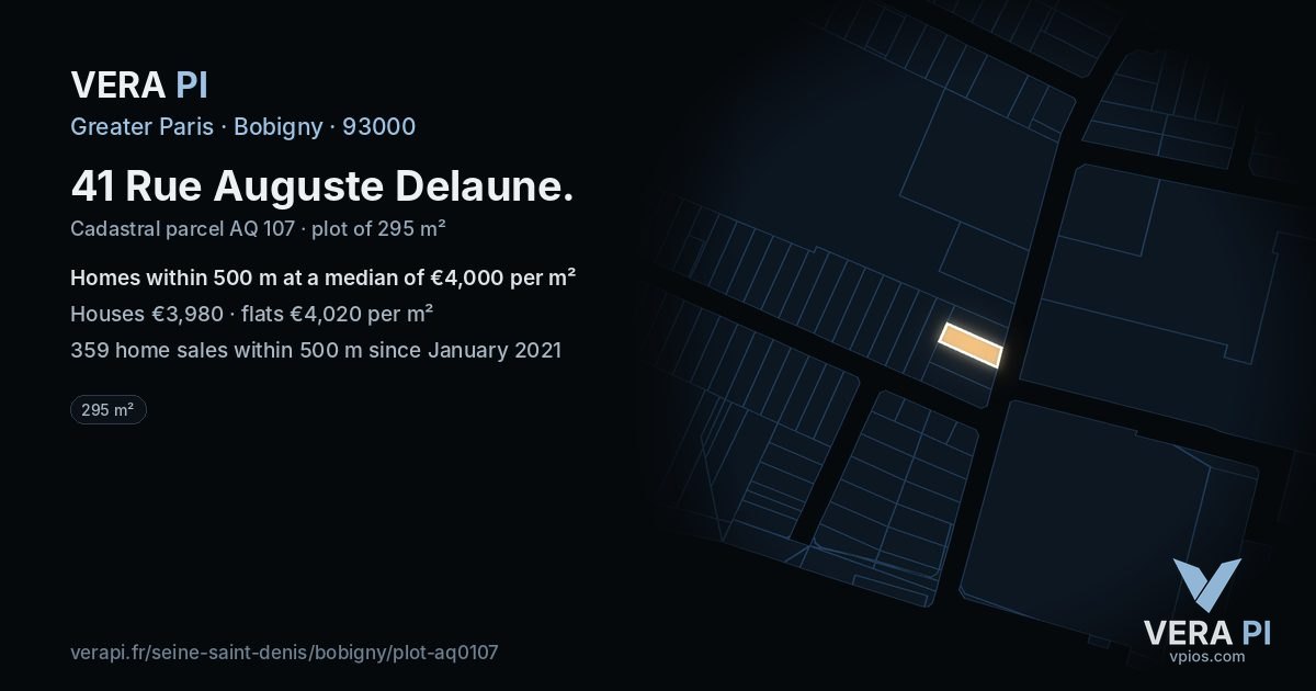 41 Rue Auguste Delaune, Bobigny at night – the plot lit, the parcels around coloured by the prices near them