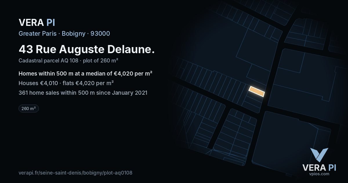 43 Rue Auguste Delaune, Bobigny at night – the plot lit, the parcels around coloured by the prices near them
