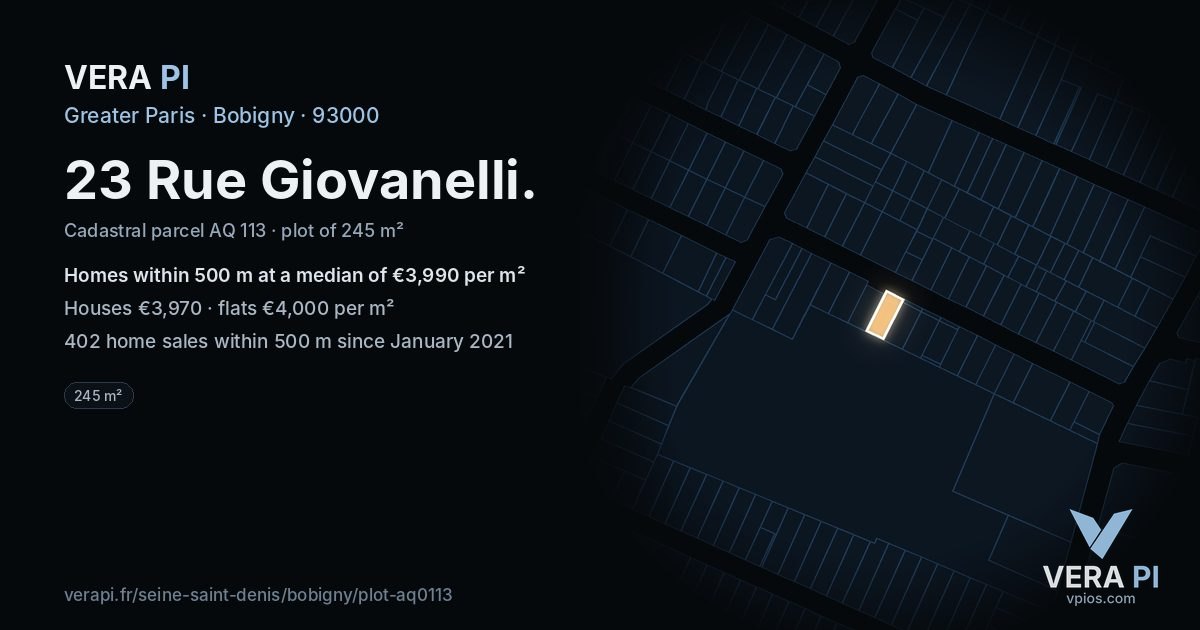 23 Rue Giovanelli, Bobigny at night – the plot lit, the parcels around coloured by the prices near them