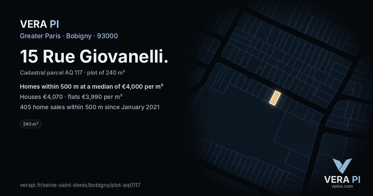 15 Rue Giovanelli, Bobigny at night – the plot lit, the parcels around coloured by the prices near them