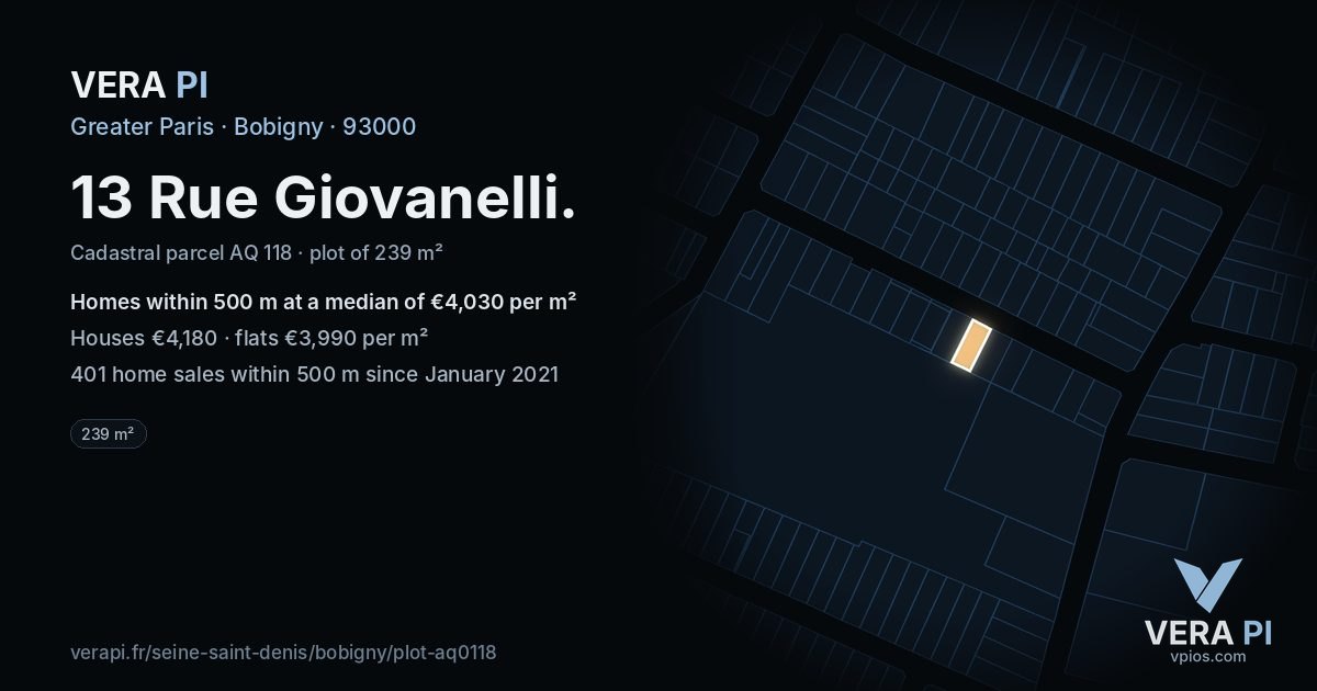 13 Rue Giovanelli, Bobigny at night – the plot lit, the parcels around coloured by the prices near them