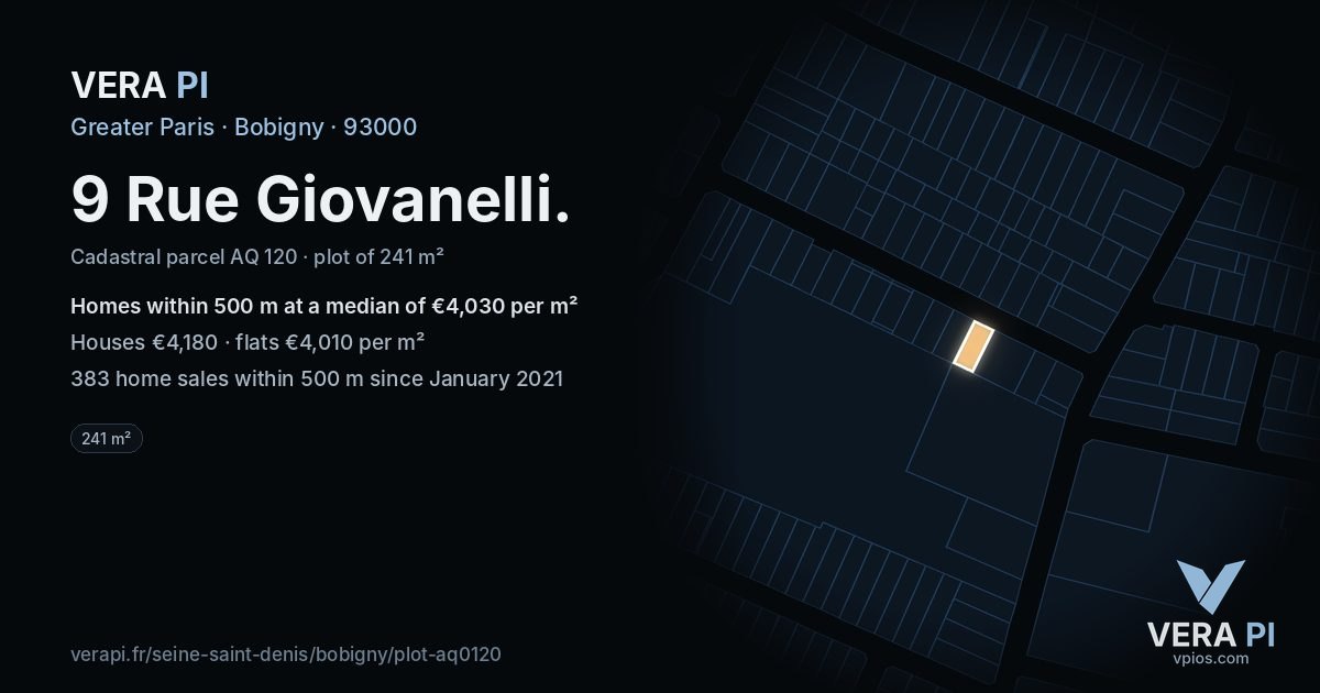 9 Rue Giovanelli, Bobigny at night – the plot lit, the parcels around coloured by the prices near them
