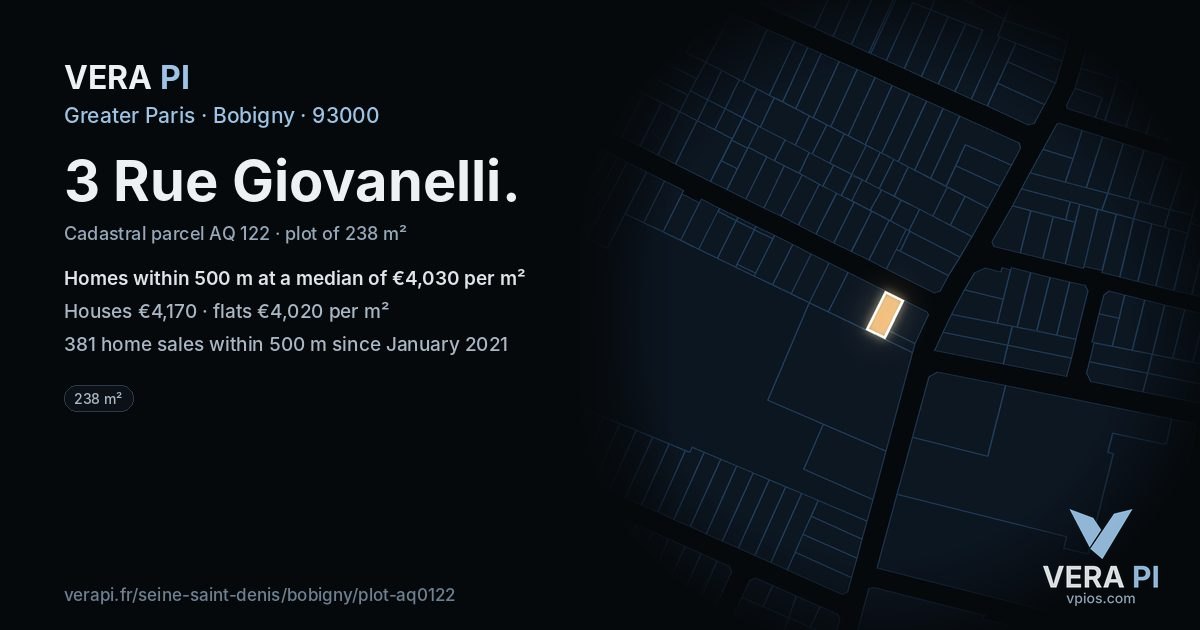 3 Rue Giovanelli, Bobigny at night – the plot lit, the parcels around coloured by the prices near them