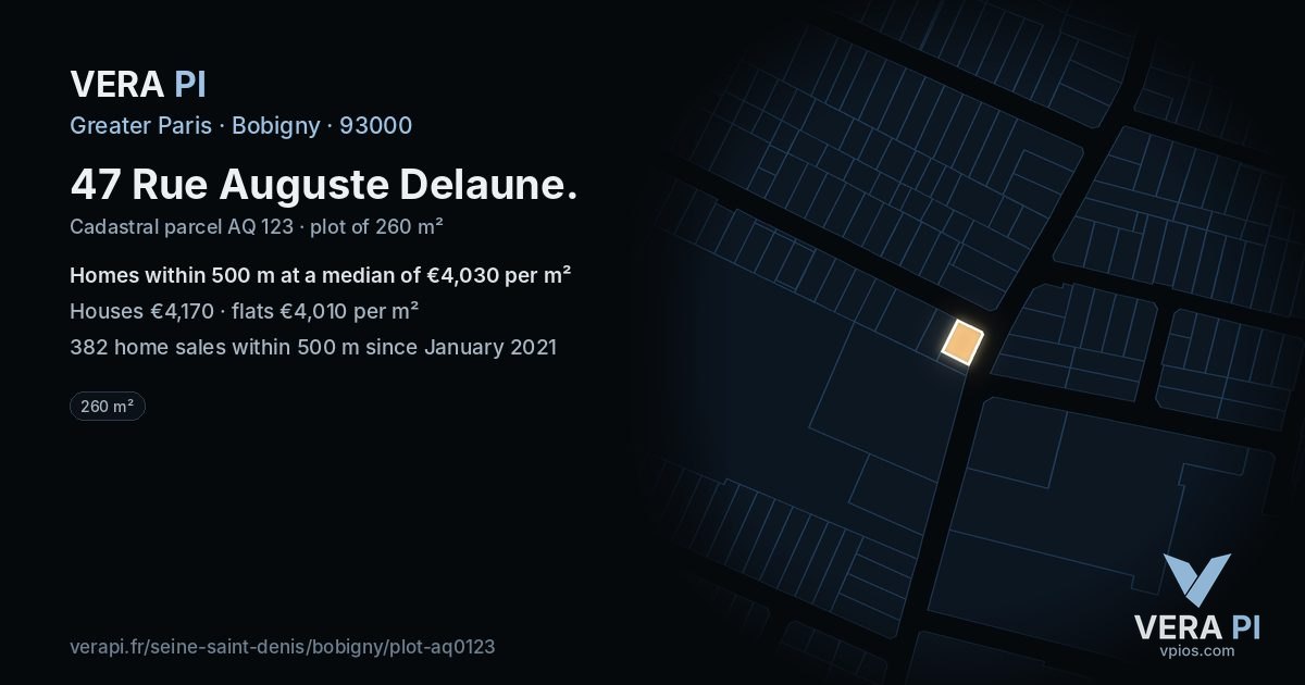 47 Rue Auguste Delaune, Bobigny at night – the plot lit, the parcels around coloured by the prices near them