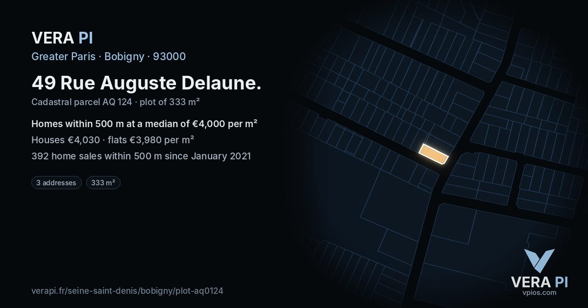 49 Rue Auguste Delaune, Bobigny at night – the plot lit, the parcels around coloured by the prices near them