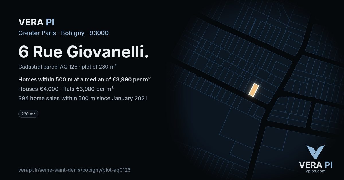 6 Rue Giovanelli, Bobigny at night – the plot lit, the parcels around coloured by the prices near them