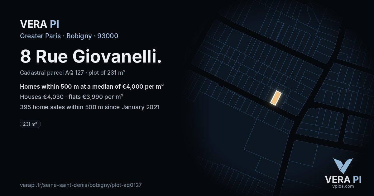 8 Rue Giovanelli, Bobigny at night – the plot lit, the parcels around coloured by the prices near them