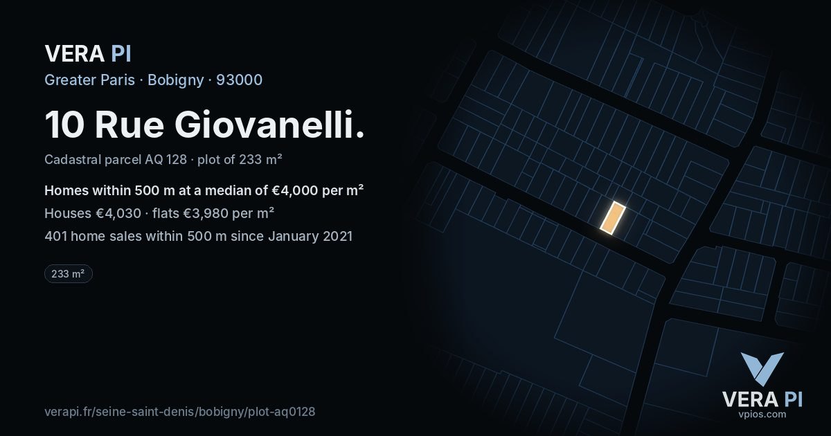 10 Rue Giovanelli, Bobigny at night – the plot lit, the parcels around coloured by the prices near them