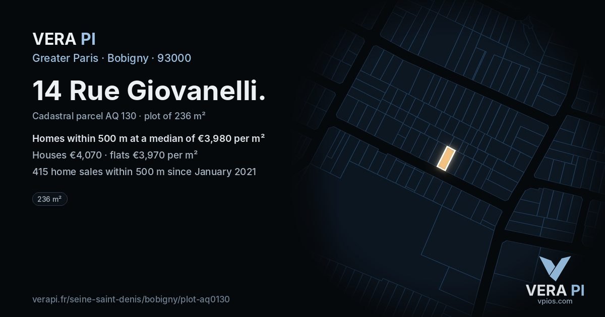 14 Rue Giovanelli, Bobigny at night – the plot lit, the parcels around coloured by the prices near them