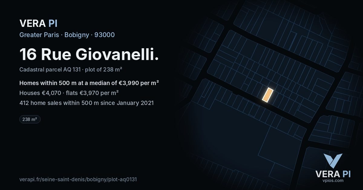 16 Rue Giovanelli, Bobigny at night – the plot lit, the parcels around coloured by the prices near them