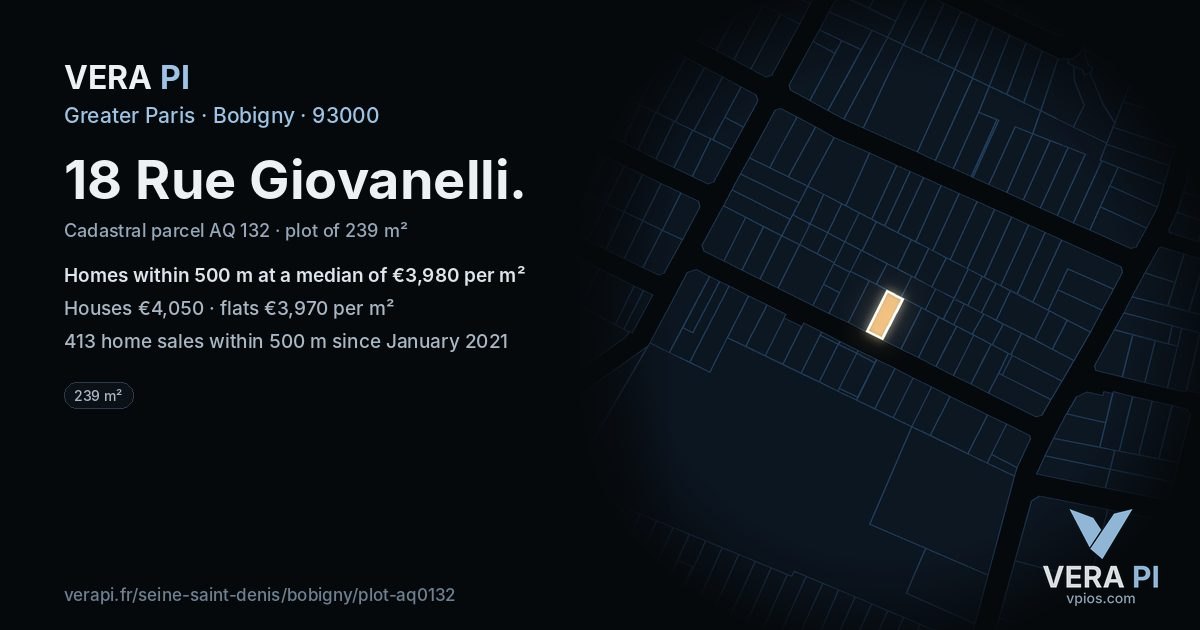 18 Rue Giovanelli, Bobigny at night – the plot lit, the parcels around coloured by the prices near them