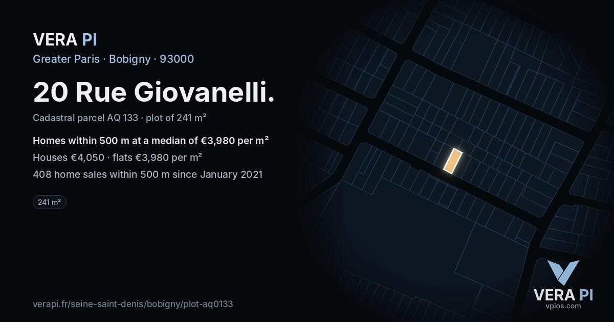 20 Rue Giovanelli, Bobigny at night – the plot lit, the parcels around coloured by the prices near them