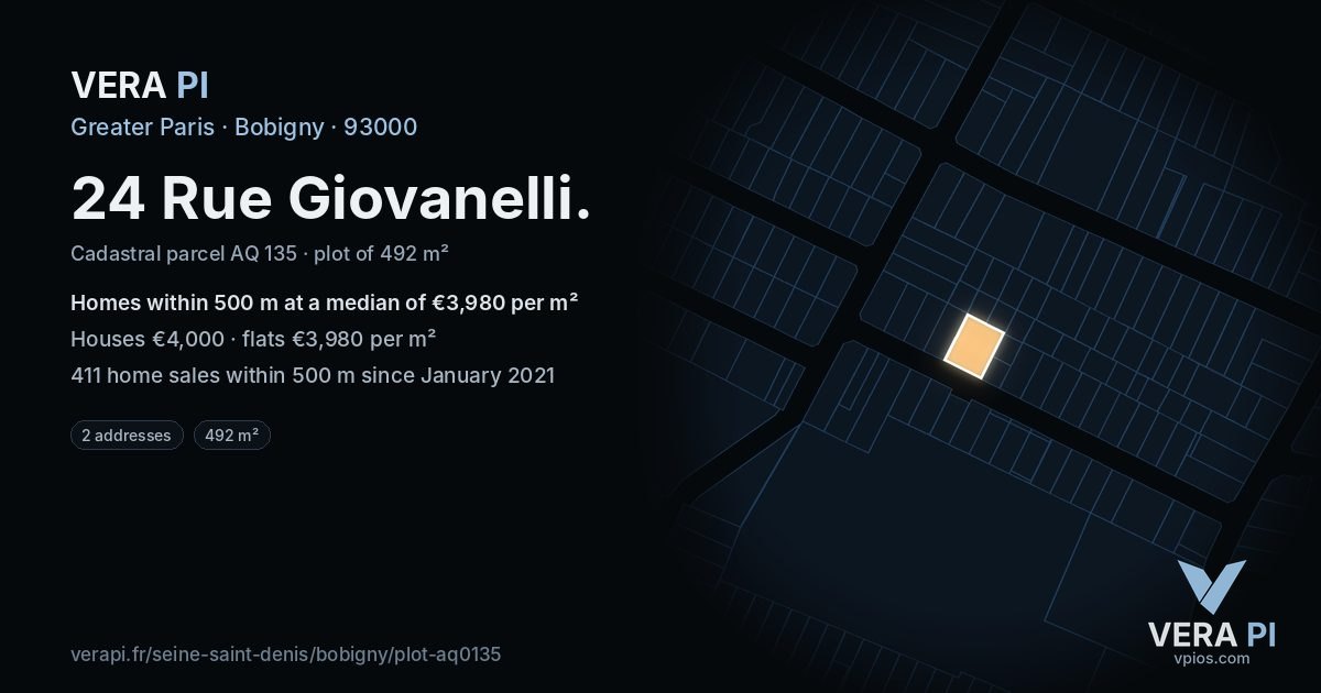 24 Rue Giovanelli, Bobigny at night – the plot lit, the parcels around coloured by the prices near them
