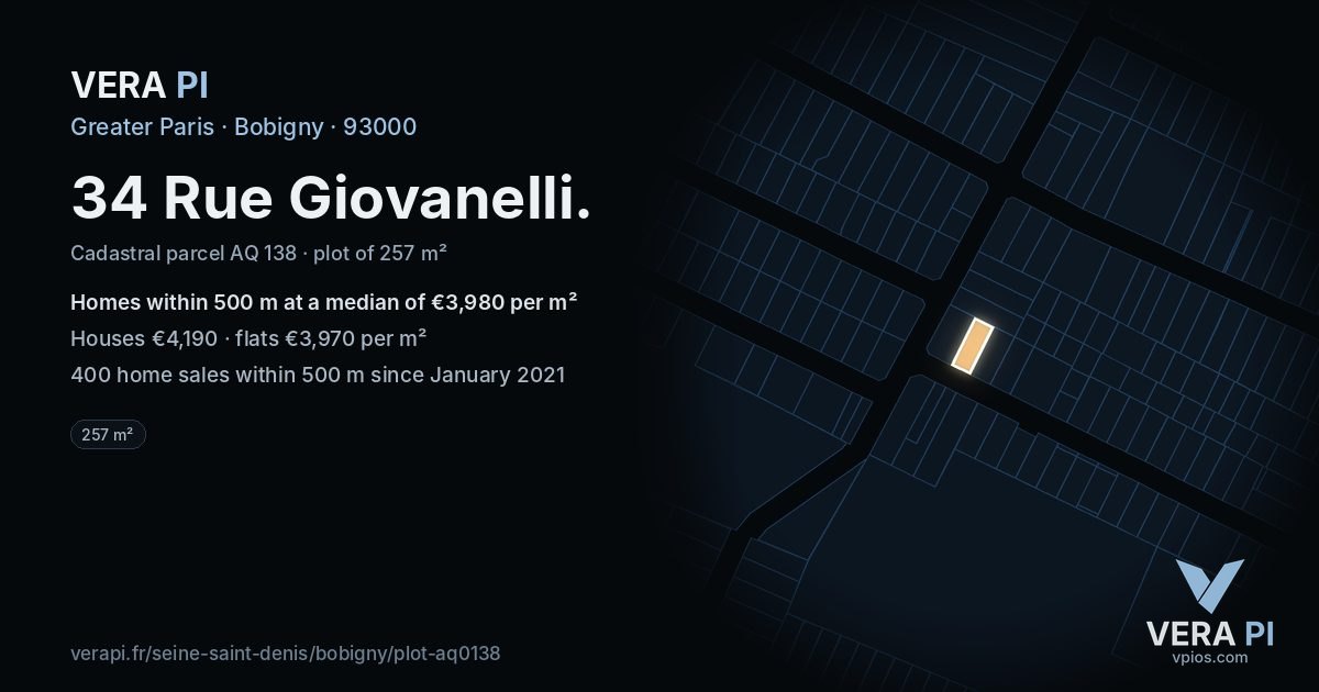 34 Rue Giovanelli, Bobigny at night – the plot lit, the parcels around coloured by the prices near them