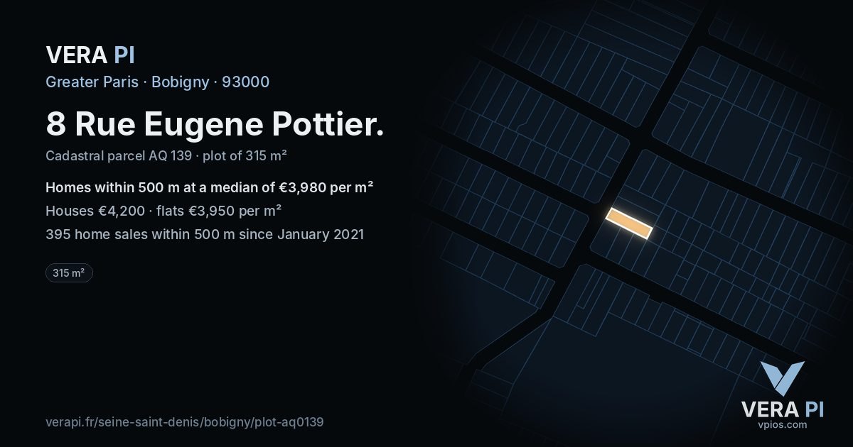 8 Rue Eugene Pottier, Bobigny at night – the plot lit, the parcels around coloured by the prices near them