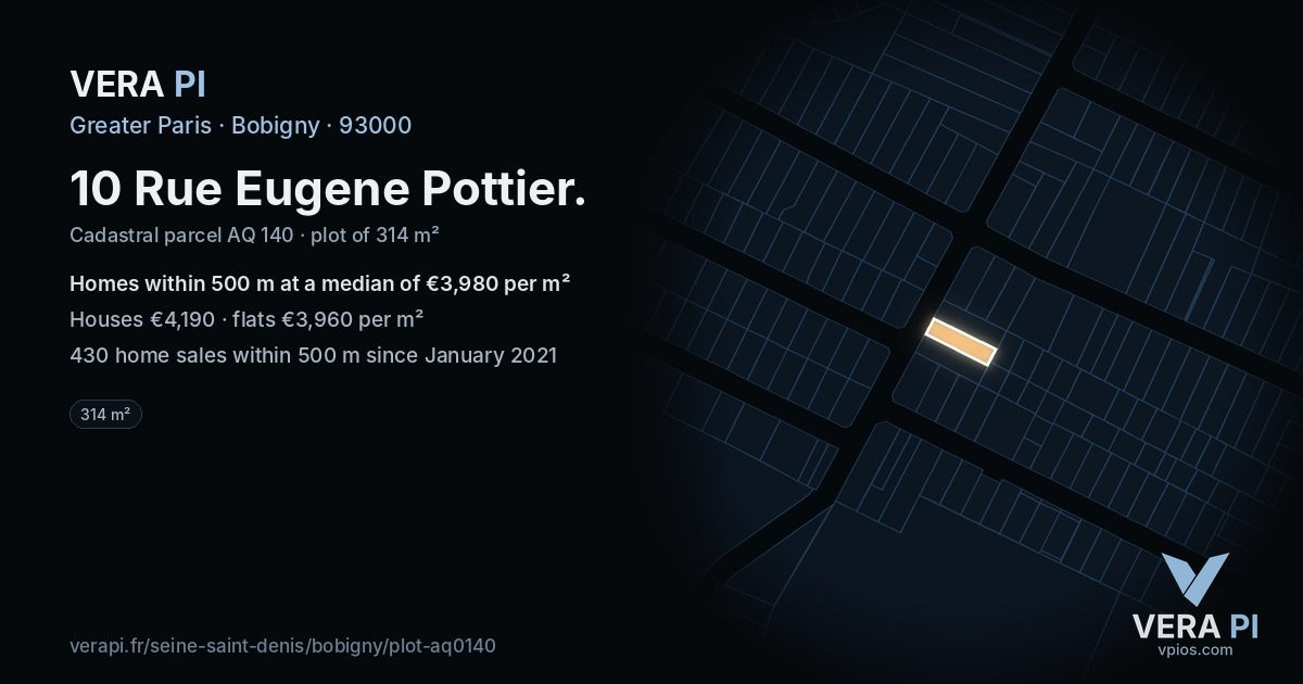10 Rue Eugene Pottier, Bobigny at night – the plot lit, the parcels around coloured by the prices near them