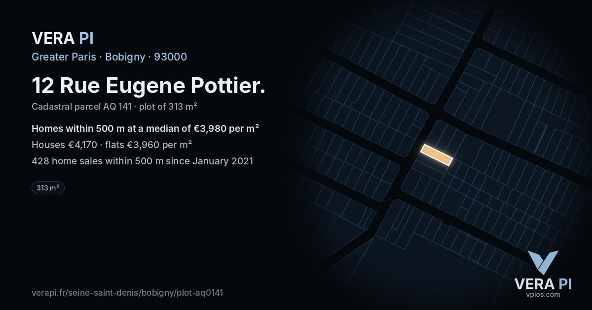 12 Rue Eugene Pottier, Bobigny at night – the plot lit, the parcels around coloured by the prices near them