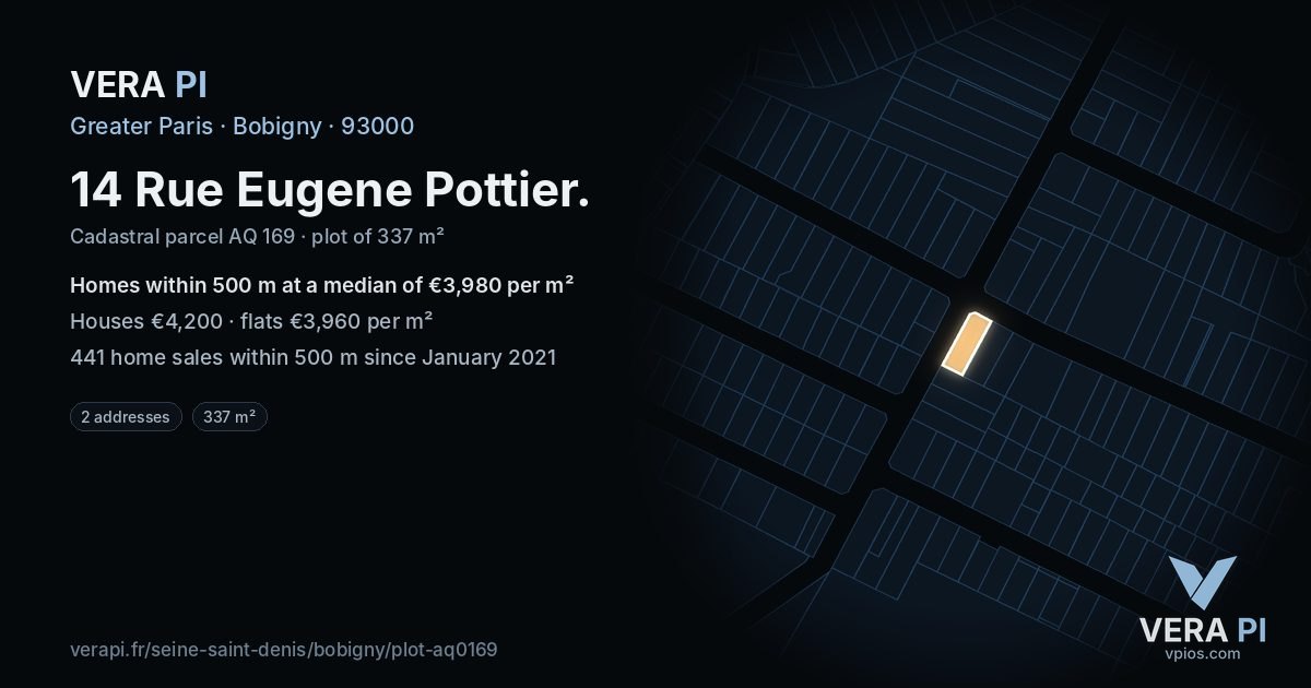 14 Rue Eugene Pottier, Bobigny at night – the plot lit, the parcels around coloured by the prices near them