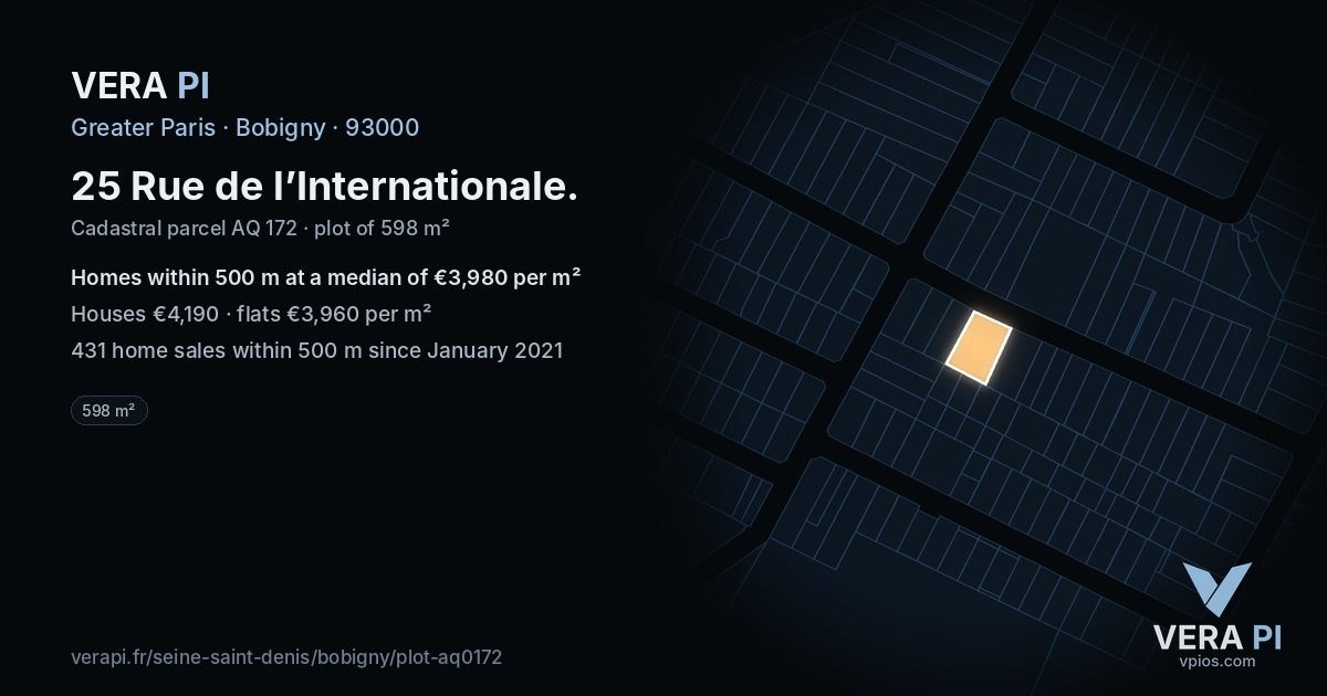 25 Rue de l’Internationale, Bobigny at night – the plot lit, the parcels around coloured by the prices near them