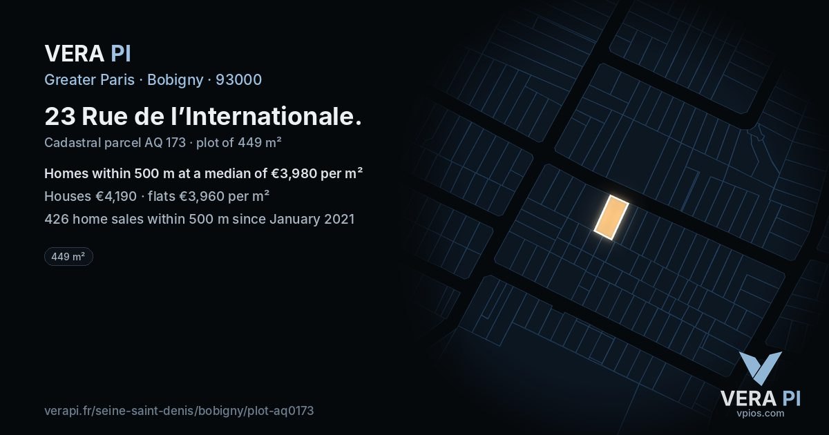 23 Rue de l’Internationale, Bobigny at night – the plot lit, the parcels around coloured by the prices near them