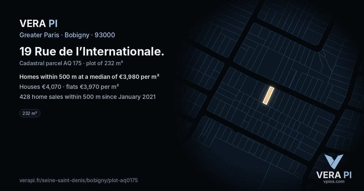 19 Rue de l’Internationale, Bobigny at night – the plot lit, the parcels around coloured by the prices near them