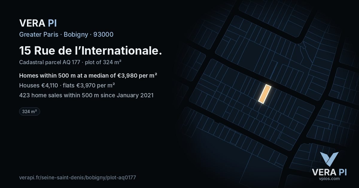 15 Rue de l’Internationale, Bobigny at night – the plot lit, the parcels around coloured by the prices near them