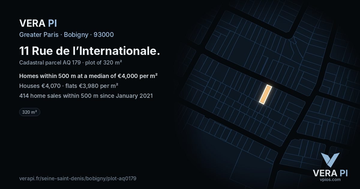 11 Rue de l’Internationale, Bobigny at night – the plot lit, the parcels around coloured by the prices near them