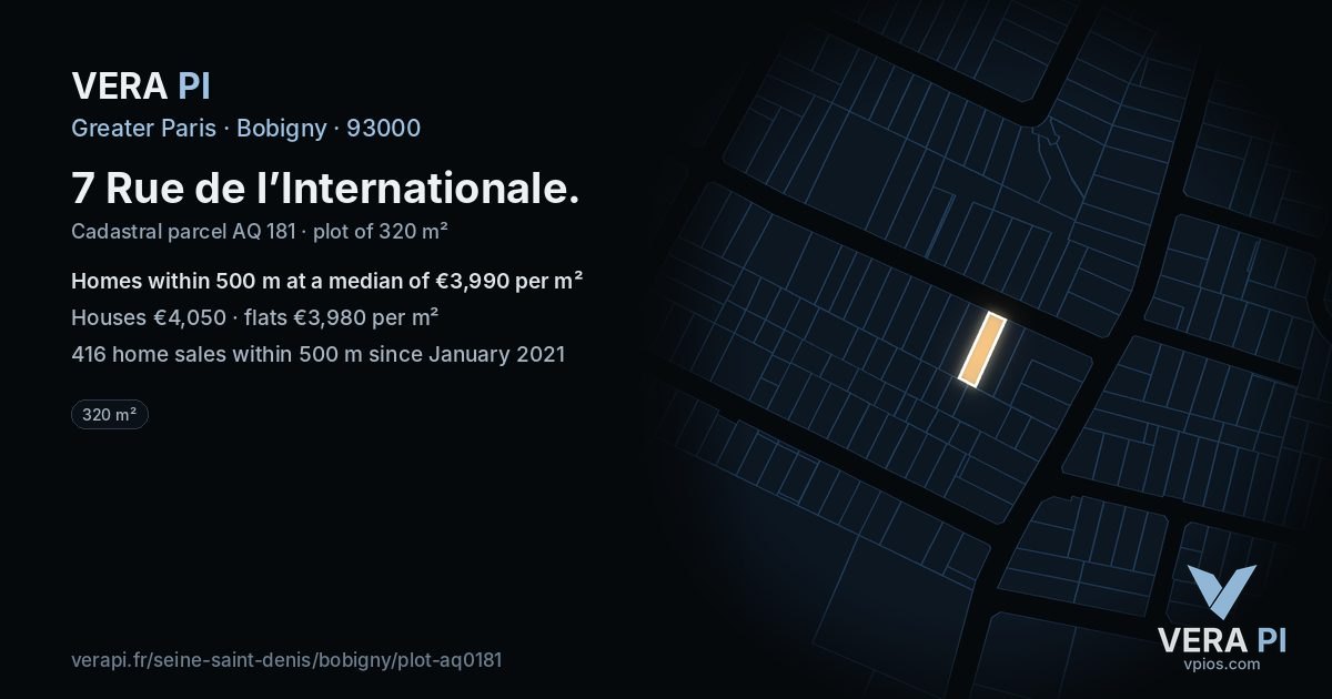 7 Rue de l’Internationale, Bobigny at night – the plot lit, the parcels around coloured by the prices near them