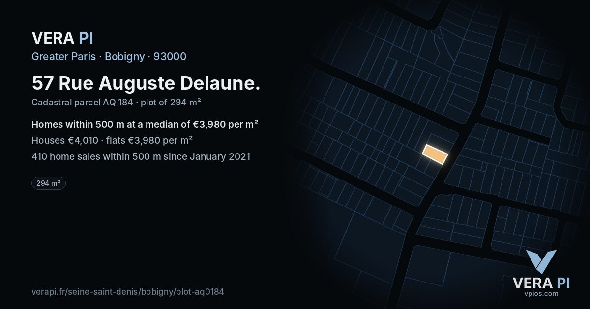 57 Rue Auguste Delaune, Bobigny at night – the plot lit, the parcels around coloured by the prices near them