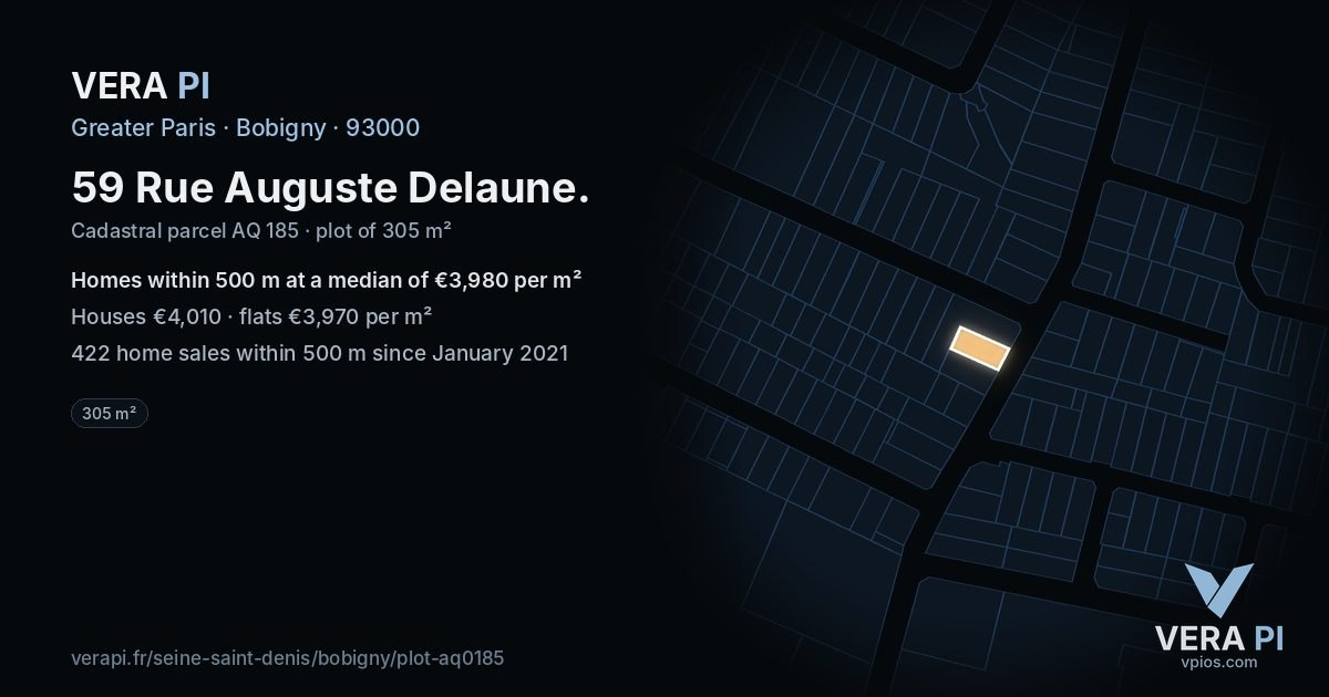 59 Rue Auguste Delaune, Bobigny at night – the plot lit, the parcels around coloured by the prices near them
