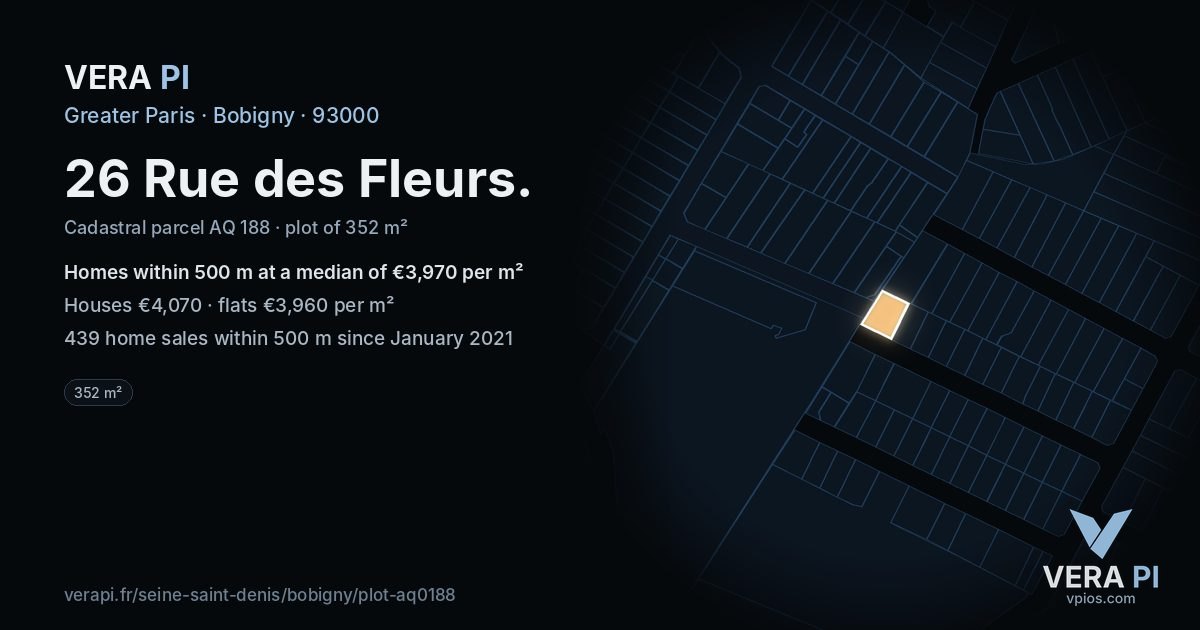 26 Rue des Fleurs, Bobigny at night – the plot lit, the parcels around coloured by the prices near them