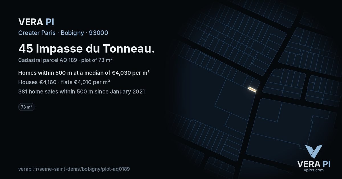 45 Impasse du Tonneau, Bobigny at night – the plot lit, the parcels around coloured by the prices near them