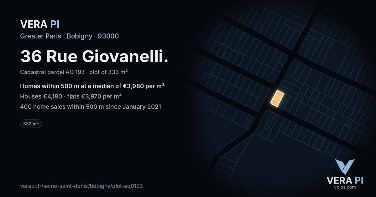 36 Rue Giovanelli, Bobigny at night – the plot lit, the parcels around coloured by the prices near them