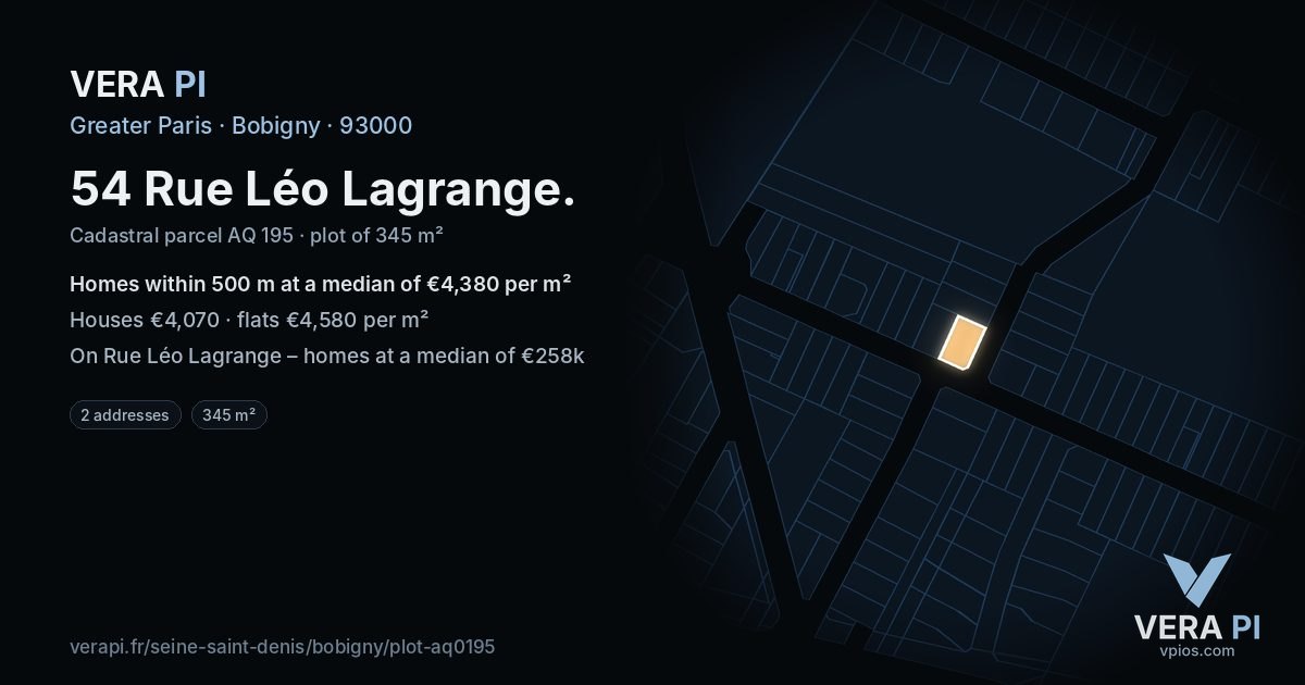 54 Rue Léo Lagrange, Bobigny at night – the plot lit, the parcels around coloured by the prices near them
