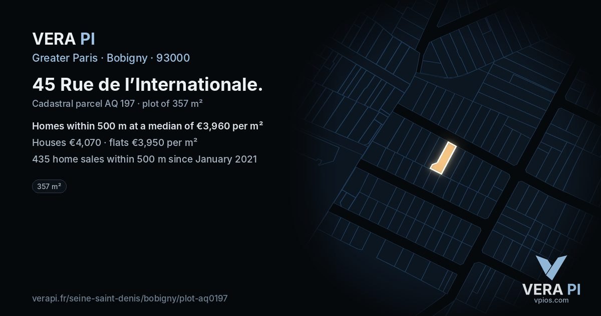 45 Rue de l’Internationale, Bobigny at night – the plot lit, the parcels around coloured by the prices near them